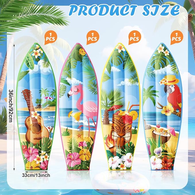 JellyArch 4 Pcs Hawaiian Inflatable Surfboard Tropical Flamingos Hawaiian Luau Party Decorations Blow up Pool Floats Surfboard Prop Wall Decor Palm Tree Summer Tiki Bar Pool Beach Party Decorations