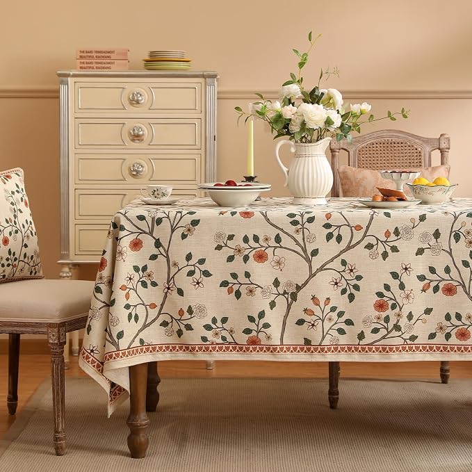 ISAENNE Vintage French Linen Rectangular Tablecloth,110"x63"-Flora A | Designer Elegant Floral Long Table Cloth Rectangle Table,Beautiful,Decoration,Dining Room,Tea Party,Kitchen,Thanksgiving