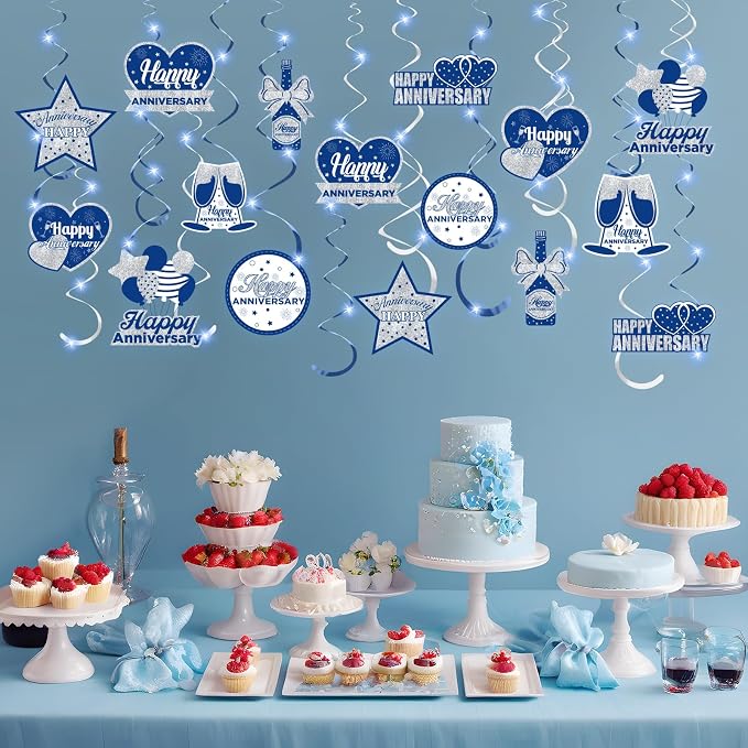 Wedding Anniversary Party Decorations Hanging Swirls, 16Pcs Blue Silver Happy Anniversary Hanging Ceiling Swirls with LED Light for Men Women Anniversary, 25th 50th 60th Wedding Anniversary Party Decor