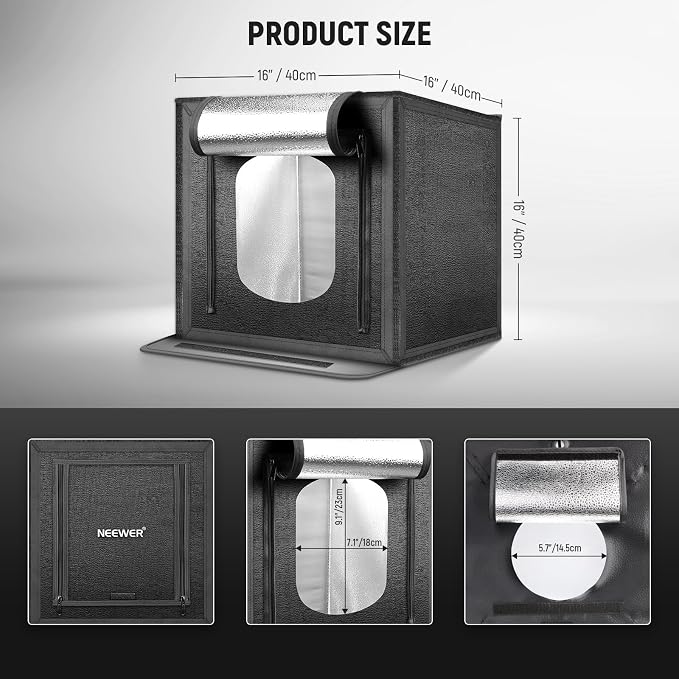 NEEWER 40CM Upgraded Photo Studio Light Box, 16"x16" Portable Folding Photography Lightbox, 4 Backdrops, 5600K 144 LEDs 5310lx/0.5m Dimmable Picture Booth Shooting Tent for Jewelry Electronics, LP40