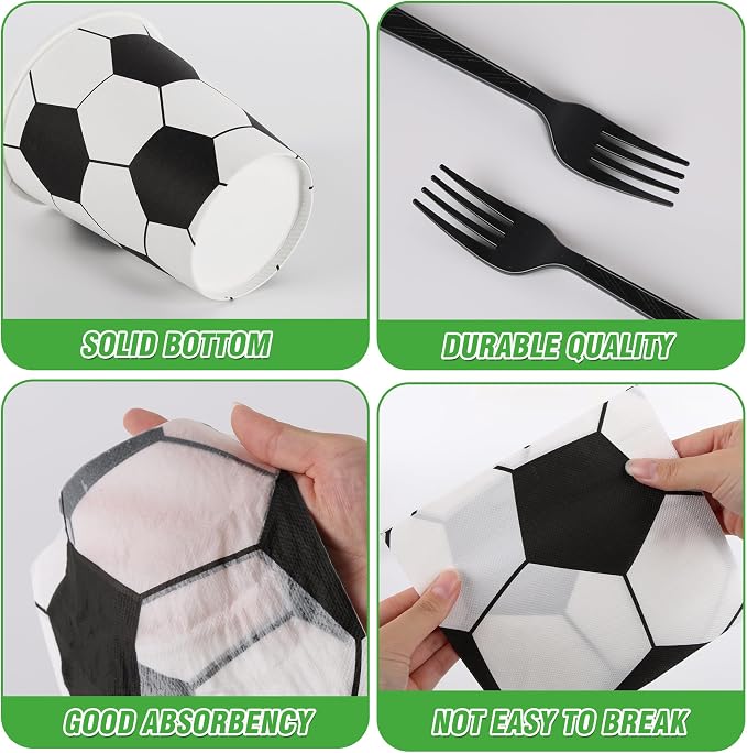 400 Pcs Disposable Soccer Party Tableware Set for 50 Guests | Heavy-Duty 7" & 9" Paper Plates, Cups, 13" Napkins & Plastic Cutlery for Game Day and Birthday Party Supplies