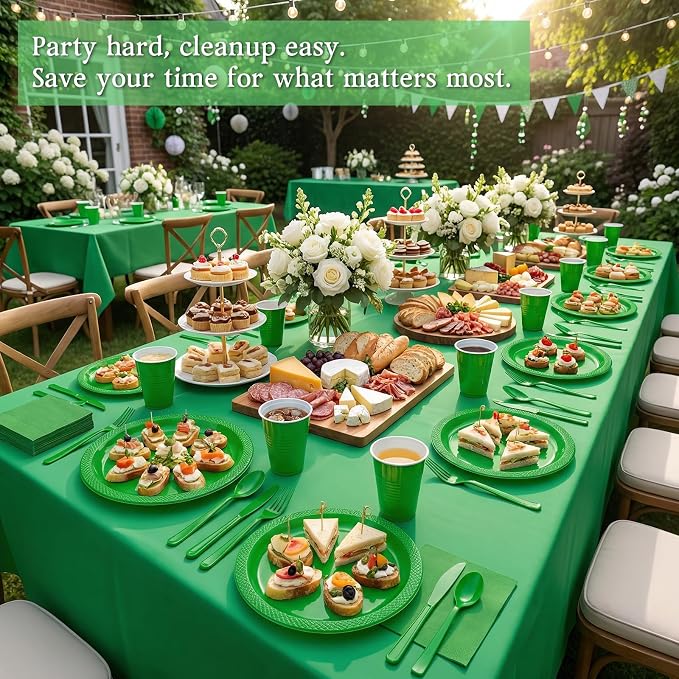 352 Pcs Green Plastic Plates Party Set, 50 Guests Disposable Dinnerware Set with Green Tablecloths, Fresh Green Plastic Plates Party Set for Garden Party/BBQ/St. Patrick's Day/Eco-Theme Event