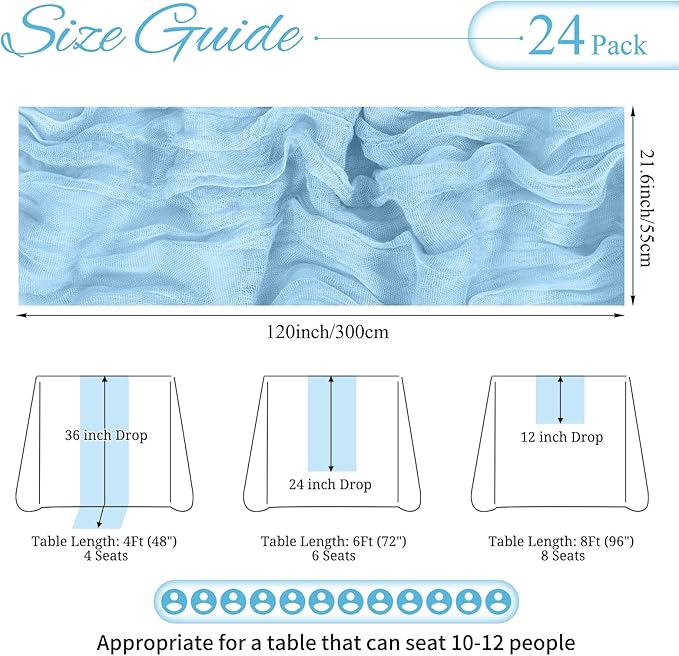 24 Pack Light Blue Cheesecloth Table Runner 10FT Baby Blue Boho Gauze Cheese Cloth Table Runner Rustic Sheer Fabric Table Runners for Wedding Bridal Shower Baby Shower Party(21.5×120 Inch)