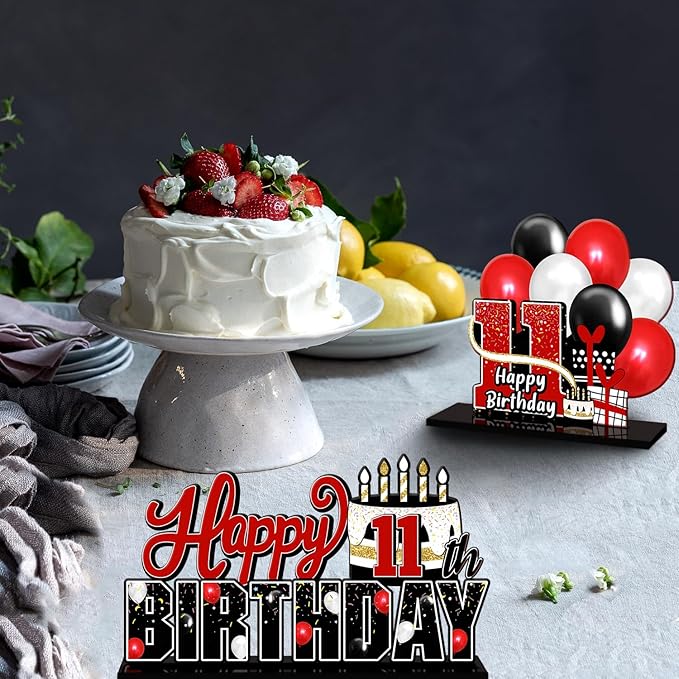 LINGTEER Happy 11th Birthday Red Acrylic Table Topper Centerpieces Set - Cheers to Eleven Years Old Birthday 11th Bday Party Gift Decorations.