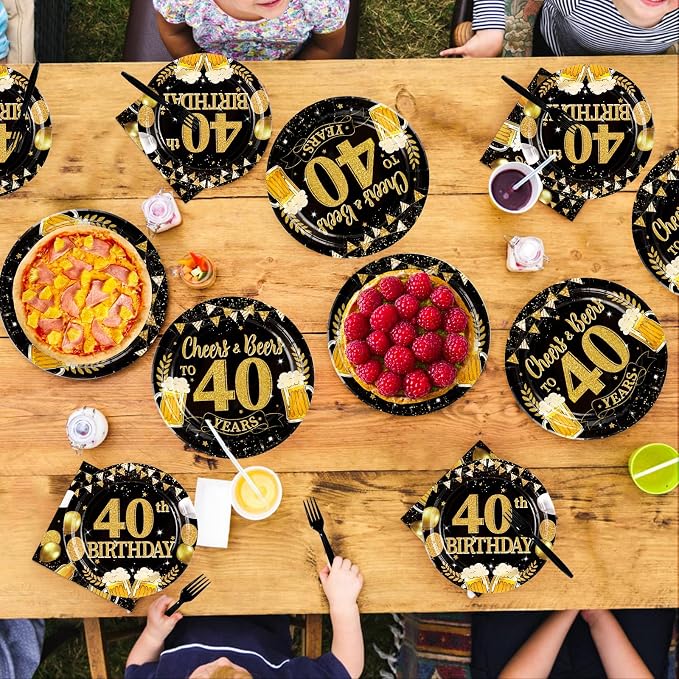 96Pcs 40th Birthday Party Supplies Black Gold Plates and Napkins Tableware Sets Cheers and Beers to 40 Years Decorations Favors for Men Women 40 Years Old Birthday Graduation Holiday Party Serves 24