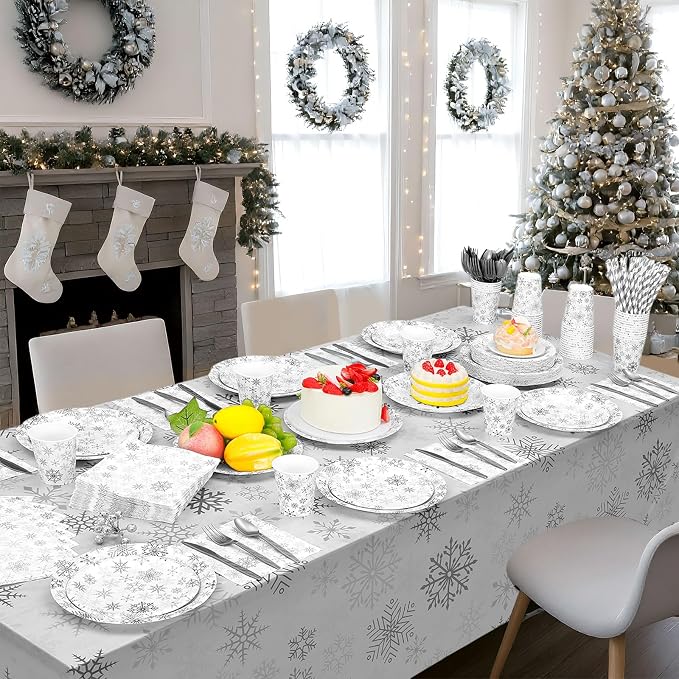 Funnymoom 452 Pcs Winter Snowflake Party Supplies, Silver Snowflake Paper Plates and Napkins Cups Tablecloth Cutlery Straws for 50 Guests Winter Birthday Wonderland Party Decoration