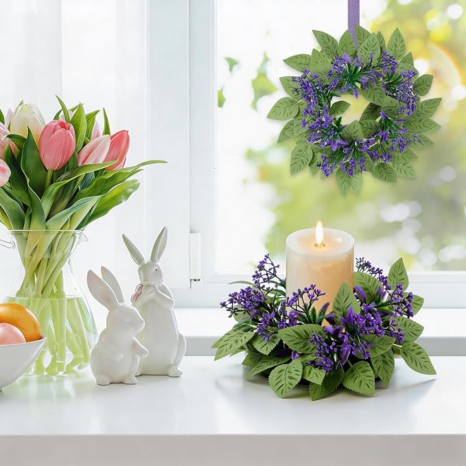 4PCS Candle Rings Wreaths - Artificial Lavender Wreath,Center Spring Wreath Rings,Flower Pillar Candle Holder Wreaths for Tapers Candelabra Wedding Party Home Table Centerpieces