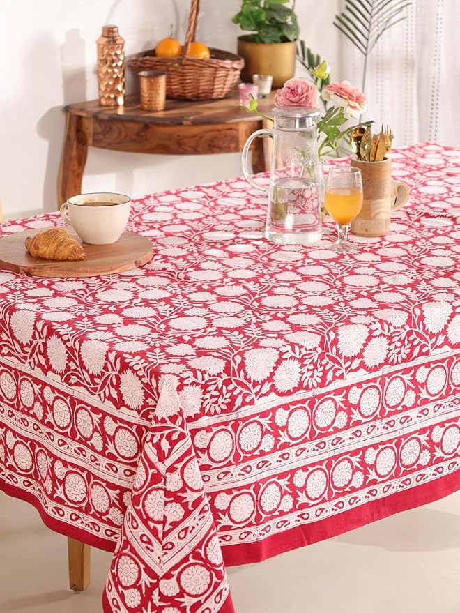 Hand Block Printed Tablecloth, Colorful Floral Print, Indian Artisan Handmade Art, Dining Room, Kitchen, Outdoor Décor, (Cloudy Red Grace, 12 Seater 72 x 135 Inches Rectangle)