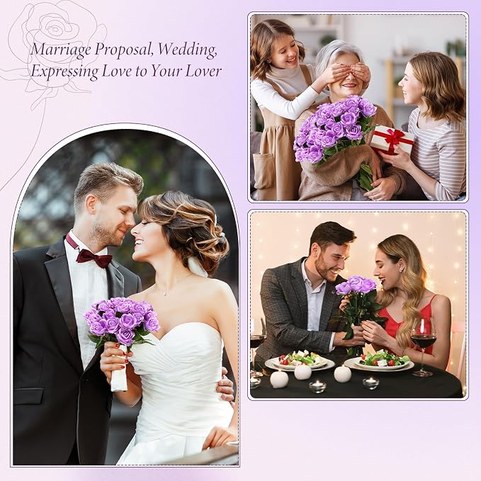 Hotop 20 Pcs Artificial Rose Flowers with Long Stem, Real Lifelike Silk Realistic Plastic Bouquet Roses Bulk for Home Decor Bridal Wedding Party Table Centerpieces Decorations(Purple)