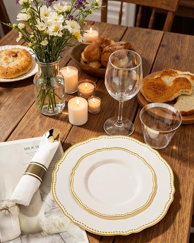 Hioasis 350pcs Ivory Gold Plastic Plates - Gold Plastic Dinnerware Set Includes 50 Dinner Plates, 50 Dessert Dinnerware, 50 Cups, 50 Napkins Perfect for Wedding & Party