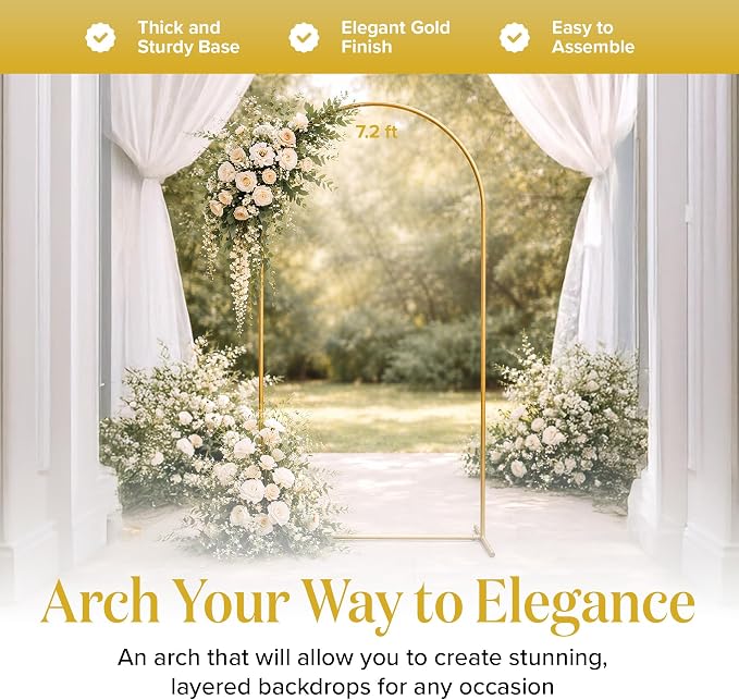 7.2FT Gold Wedding Backdrop Arch Stand with White Spandex Cover – Metal Frame, Water Weights & Storage Bag – Party, Birthday, Baby Shower, Bridal Shower, Wedding Ceremony, Photo Booth Decor