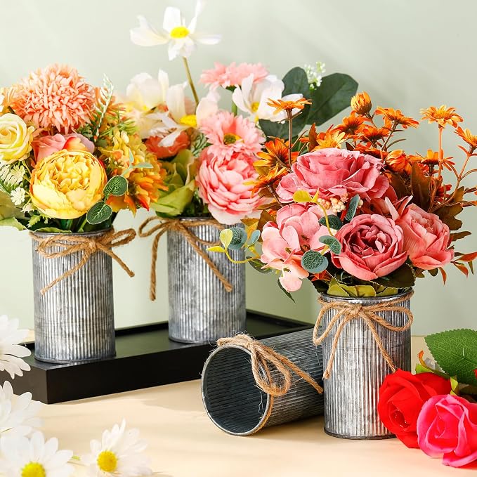 Rustic Vase for Table Centerpieces 4.33 Inch Small Petite Flower Vase with Twine Bow Vintage Farmhouse Decor for Wedding Reception Dining, Home Galvanized Metal Buckets(Iron Color,12 Pcs)