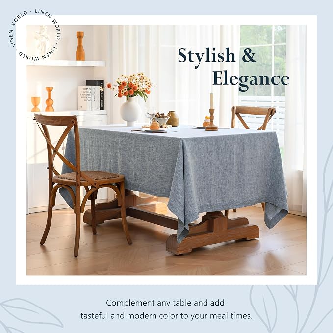 Linen World Yarn-Dyed Linen Tablecloth 60x90inch, Denim Look Table Cover, 100% French Linen Chambray Blue, Soft & Breathable Natural Flax, Washed Table Cloth for Dining & Everyday Use