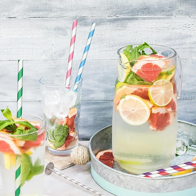 200 Striped Paper Straws(Stochastic), Biodegradable Drinking Colorful Straws Disposable for Birthdays, Coffee, Cocktail, Lemonade, Weddings, Bridal, Baby Shower, DIY Decorations, Party Supplies