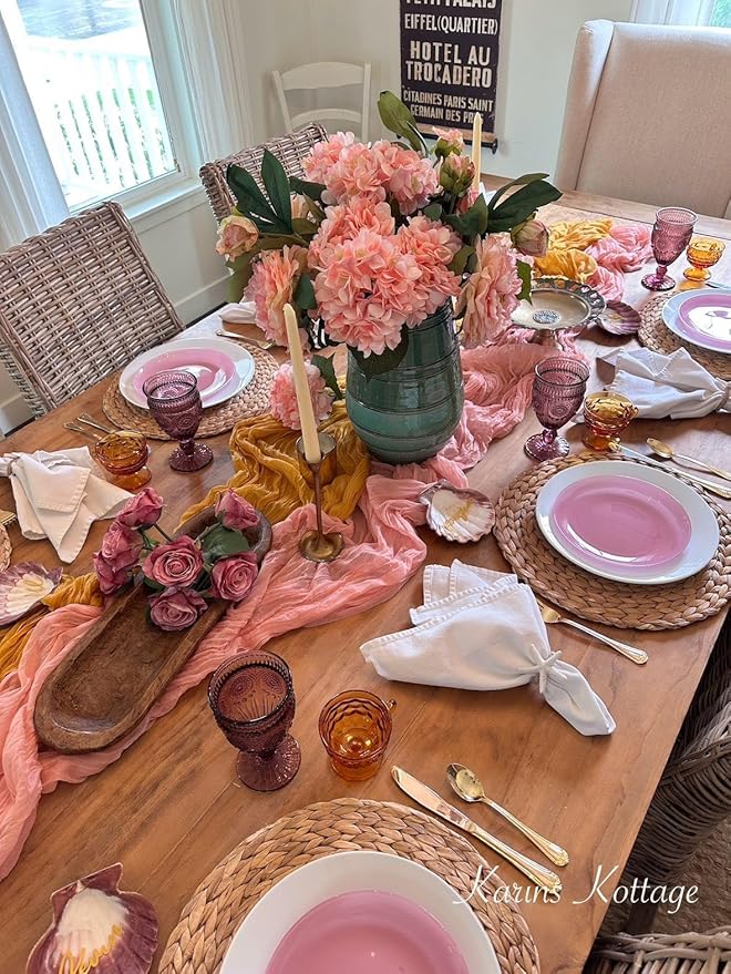 FEXIA Pink Cheesecloth Table Runner Spring Decor Easter Table Runner 35x120 Inches for Mother's Day Bridal Shower Tea Party Baby Shower Wedding Decor Table Centerpiece Decorations
