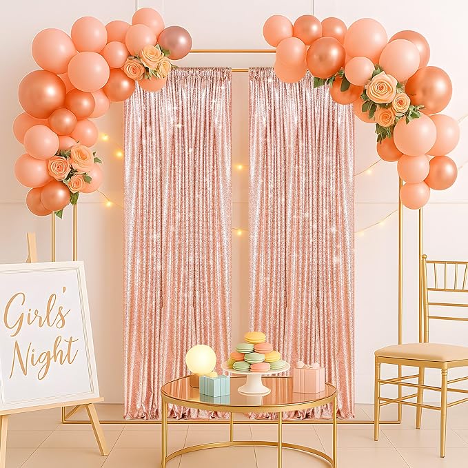 PartyDelight Rose Gold Sequin Backdrop Curtains 2x8ft 2 Panels | 3mm stitched sequin curtain with 4 inch rod pocket for 2x8ft 2 panel doorway window side drape narrow photo booth strip