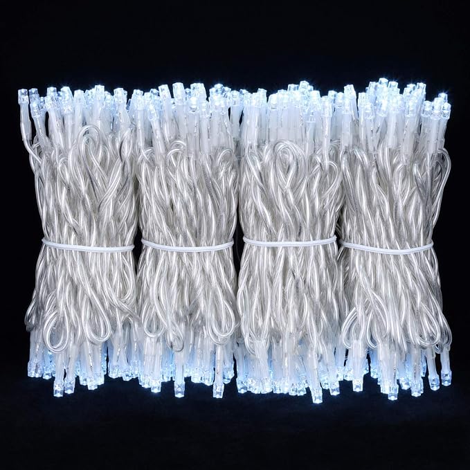 YULETIME 300 Cool White String Lights, 100 ft 8 Models Clear Wire 5mm LED | Wide Angle Bulbs, Safe 29V Adapter, Multimode Lighting, Connectable, 100' Total Length, 1-Strand 300 Lights, 4" Spacing