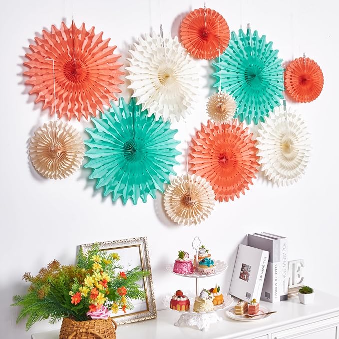 SUNBEAUTY Pack of 11 Hanging Honeycomb Paper Fans Party Decoration Paper Decoration for Birthday Wedding Graduation Events Accessories Mint Peach Cream