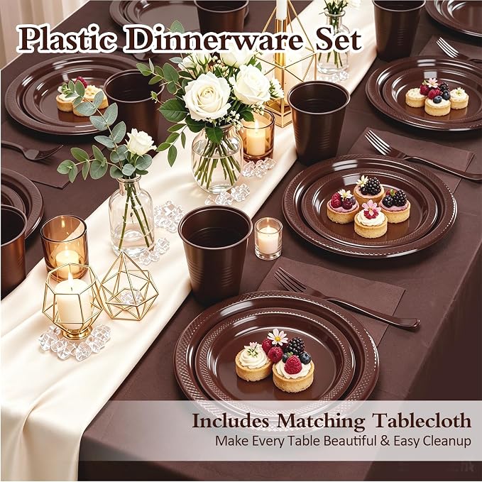 Brown Plastic Plates for Party,30 Guest Disposable Brown Party Supplies Including Dinner&Dessert Plate,12oz Cups,Cutlery,Napkins & Tablecloth Dinnerware Decorations for Birthday Wedding