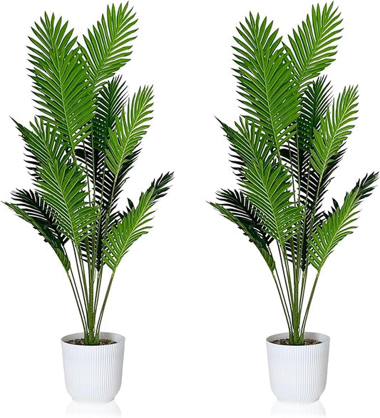 SAJANDAS Set of 2 Artificial Areca Palm Plants in Pots, 50 Inch Fake Tropical Palm Trees with Greenery Leaves and Stems, Faux Dypsis Lutescens Floor Plants for Garden, Store, Office, Home Decoration