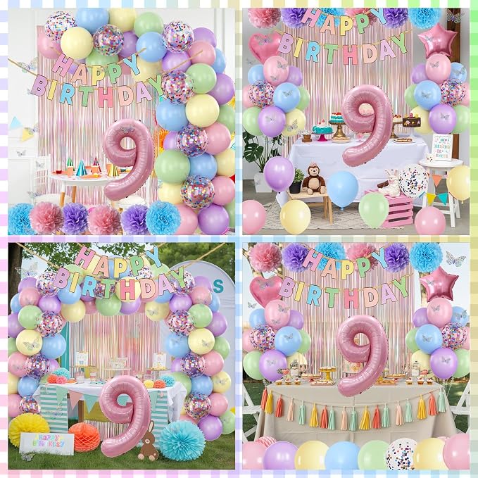 Pastel 9th Birthday Party Decorations for Girls Number 9 Balloon Happy Birthday Banner Butterfly Stickers Fringe Curtain Paper Pom Poms Macaron Pink Star Heart Foil Colorful Balloons 9 Year Old Decor