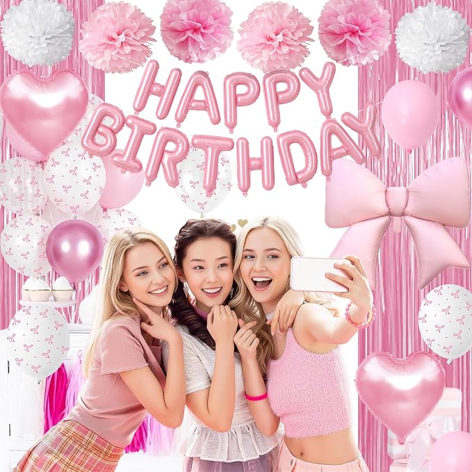 Pink Bow Birthday Decorations for Women Girls, Happy Birthday Balloon Banner with Bow and Heart Foil Balloons Fringe Curtain Tissue Paper Pompoms Garland Party Supplies