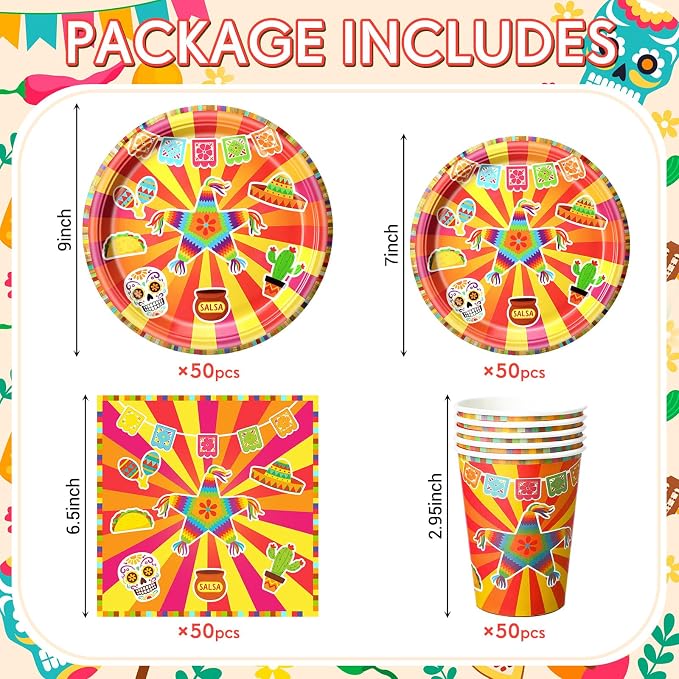 Jenaai 200 Pcs Fiesta Tableware Set Serve for 50 Guests Mexican Birthday Party Decorations Cinco De Mayo Party Supplies 9" Dinner Plates 7" Dessert Plates Cups and Napkins for Dinnerware Disposable
