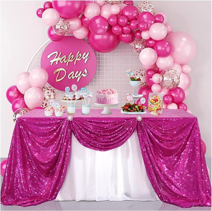 B-COOL Sequin Tablecloth Shimmer Tablecloths 90x132 Inch Rectangle Fuchsia Sequin Table Overlays Thanksgiving Dessert Cake Sparkle Glitz Fabric Indoor Outdoor Party