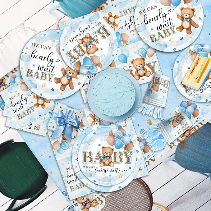 Blue Bear Baby Shower Decorations,219Pcs Baby Shower Tableware Set Banner, Plates and Napkins, Tablecloth, Cake Toppers, Honeycomb Balls for Boy Neutral Bear Themed Party Decorations Severs 24