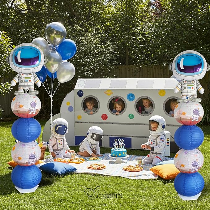 Astronaut Balloons Column Stand Kit And Paper Lantern 2 Sets 5.9 Feet with Reusable Metal Telescopic Design， For Outer Space Themed Parties, Birthday