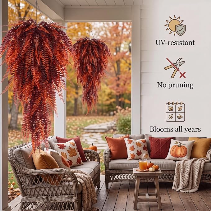 Daifunli 24 Pcs Artificial Fall Hanging Plants Fake Hanging Ferns Plastic Autumn Faux Plants for Wall Room Garden Garland Indoor Outdoor Decor No Basket (Fall Boston)