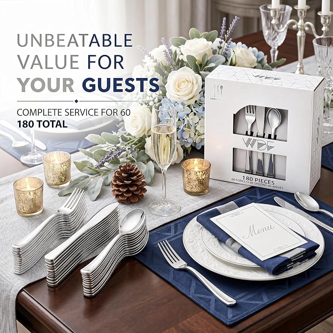 WDF 180 Pieces Silver Plastic Silverware - Silver Plastic Cutlery - Fancy Plastic Silverware Heavy Duty - 60 Forks 60 Knives 60 Spoons - Disposable Plastic Utensils Perfect for Party Wedding