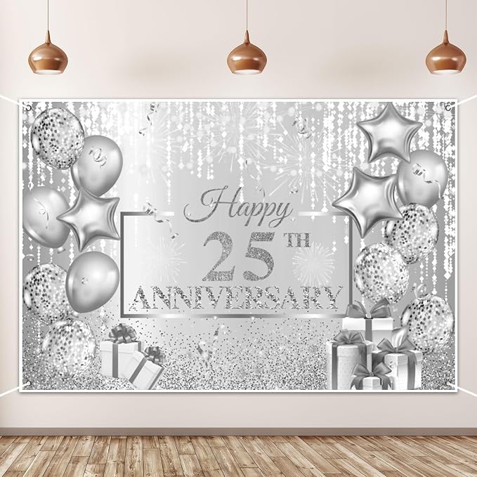 AOFOTO Happy 25th Anniversary Backdrop Glitter Grey Spots Ballons Printed Photography Background 25 Years Wedding Anniversary Party Home Wall Decor Supplies Banner Portrait Photo Studio Props 5x3ft
