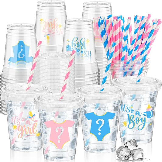 FoldTier 50 Pcs Gender Reveal Cups Gender Reveal Party Supplies 12 oz Party Plastic Cups Boy or Girl Transparent Cup with Lids Straws Blue and Pink Baby Shower Decorations It's a Boy or It's a Girl