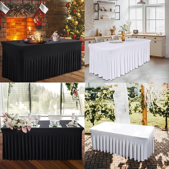 BDDC One-Piece Spandex Table Cover Skirt for 8FT Rectangle Tables | GRS-Certified Eco-Friendly Fabric, Elastic Fitted Ruffle Tablecloth, Washable, For Banquets, Weddings & Parties