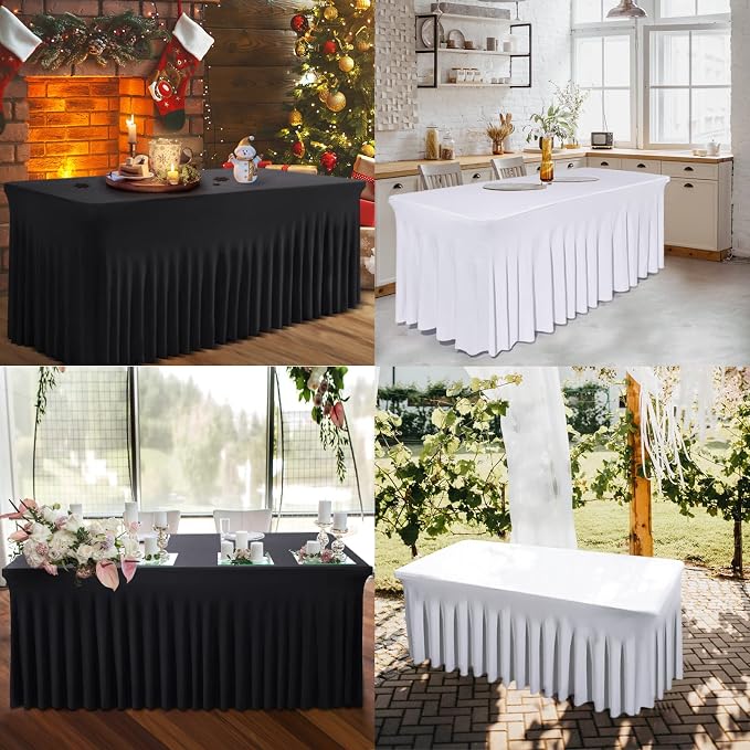 BDDC One-Piece Spandex Table Cover Skirt for 6FT Rectangle Tables | GRS-Certified Eco-Friendly Fabric, Elastic Fitted Ruffle Tablecloth, Washable, For Banquets, Weddings & Parties
