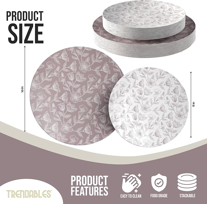 Trendables Disposable Dinnerware Decorative Plates Plastic Disposable Plates Set For 20 Guests 20 x 8 Inch Dessert Plate & 20 x 10 Inch Wedding Party Plate Set Blossom Circle