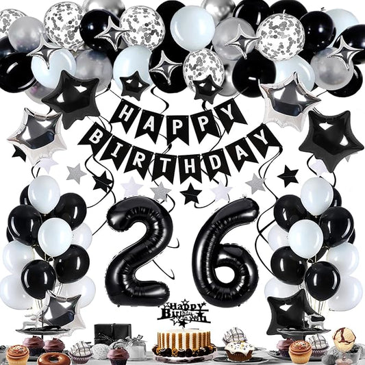 26th Birthday Decorations for Men Women, Black White and Silver Happy 26 Party Decor Set with 26 Number Foil Balloons, Banner, Cake Topper for Him Her