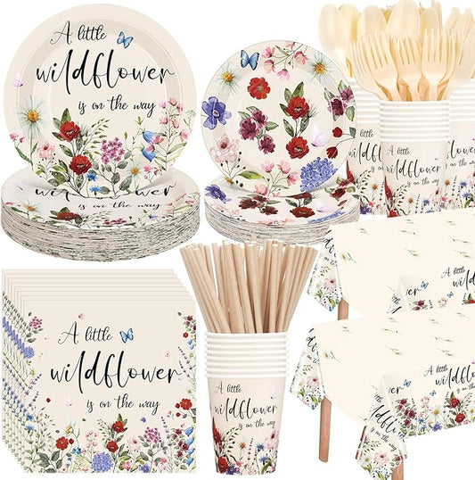 452 Pcs Wildflower Baby Shower Party Supplies for 50 Guest, Vintage a Little Wildflower Is on the Way Paper Plates Napkins Cups Tablecloth Cutlery Straws for Spring Summer Baby Shower Party Decoration