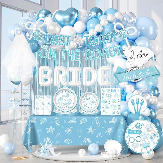 231pcs Last Toast on The Coast Bachelorette Decorations-Serves 25, All-in-one Beach Bachelorette Party Decorations With 350gsm Plate, Tablecloth, Balloons, Banner, Foil Curtain Backdrop, Sash, Veil