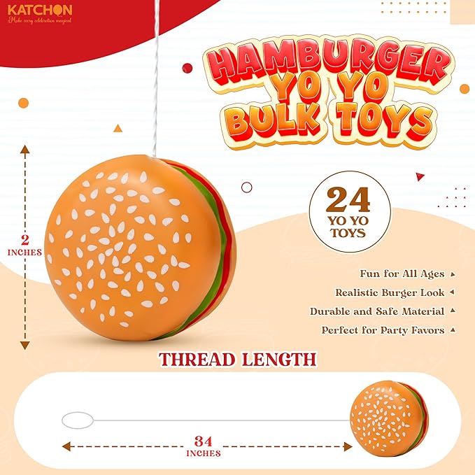 KatchOn, Hamburger Yoyo Toys for Kids - Pack of 24 | Plastic Burger Yo-yos, Yoyo Bulk, Halloween Party Favors for Kids 8-12, Classroom Prizes, Pinata Return Gifts | Thanksgiving Goodie Bags Stuffers