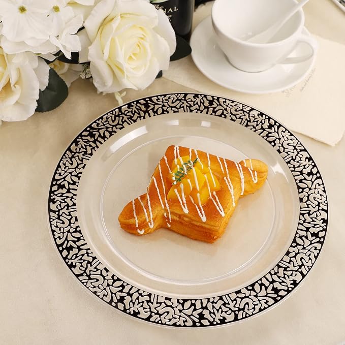 U-QE 10pcs Clear and Black Plastic Plates | 5 Dinner Plate 10.25 '' &5 Dessert 7.5 '' Plate, Premium Party Supplies, Heavy Duty Plastic Plates Disposable