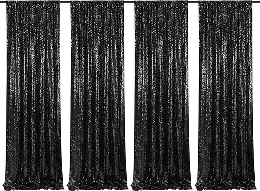 Black Sequin Backdrop Curtain 4 Pcs Bling Fabric Backdrop Sparkly Photography Background Backdrop for Christmas Party Decoration