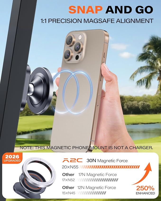 A2C Alloy Magnetic Golf Cart Phone Holder for MagSafe iPhone Golf Gifts Men | Unique Golf Gift for Golfers Dad Him Father Husband Ladies, Golf Accessories Essentials Gadgets Fits EZGO, Club Car, Yamaha