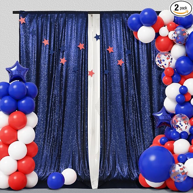 PartyDelight Navy Blue Sequin Backdrop 5x10ft 2 Panels 4 Inch Rod Pocket | 3mm stitched navy blue sequins on mesh backing with 4 inch rod pocket for wide reception walls head tables stages and layered