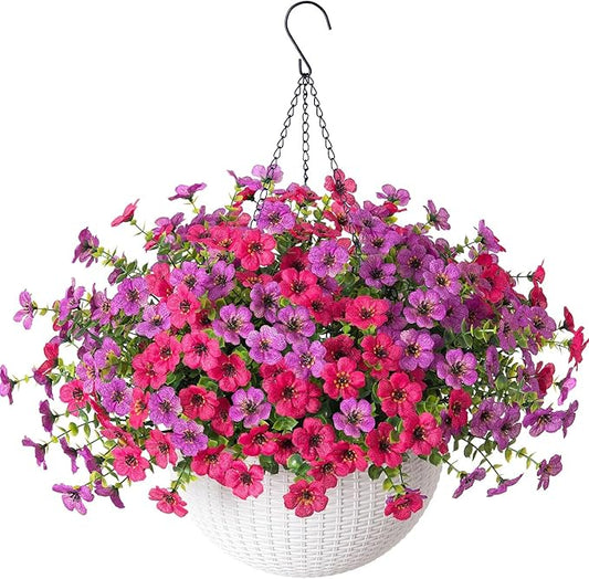HyeFlora Artificial Fake Hanging Flowers Plants Basket for Outdoor Outside Decoration, Faux Silk UV Resistant Realistic Colorful Daisy in Planter for Porch Patio Garden Yard Home