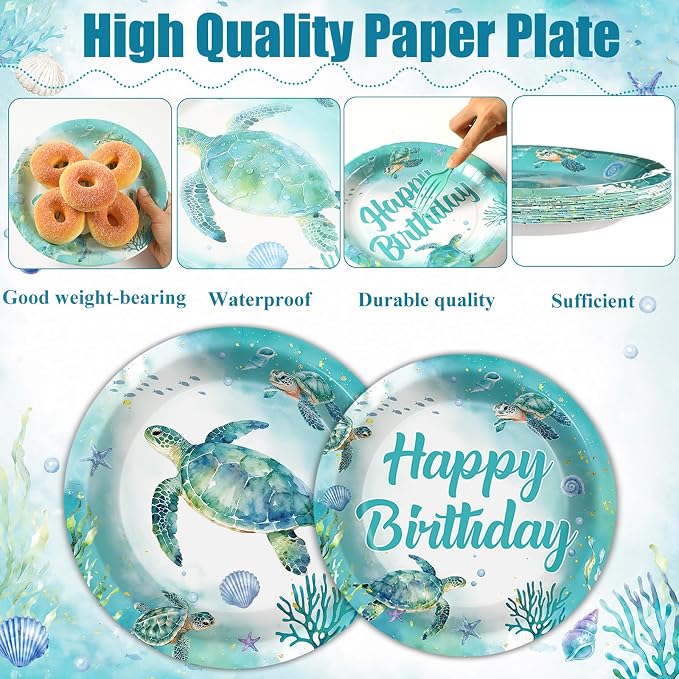 96Pcs Ocean Turtle Birthday Party Decorations Ocean Sea Party Tableware Turtles Paper Disposable Plates Napkins Under the Sea Animal Supplies for Pool Beach Underwater Birthday Decor Serves 24 Guests