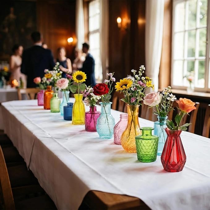 32 PCS Assorted Vintage Bud Vases, Colorful Glass Small Vases Bulk, for Centerpieces, Wedding Table Decor, Home Decorations & Gifts (Colorful rieires)