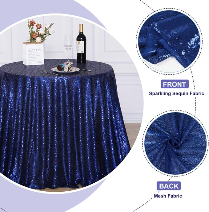 Poise3EHome 90 Inch Round Navy Blue Sequin Tablecloth for Party Cake Dessert Table Exhibition Events