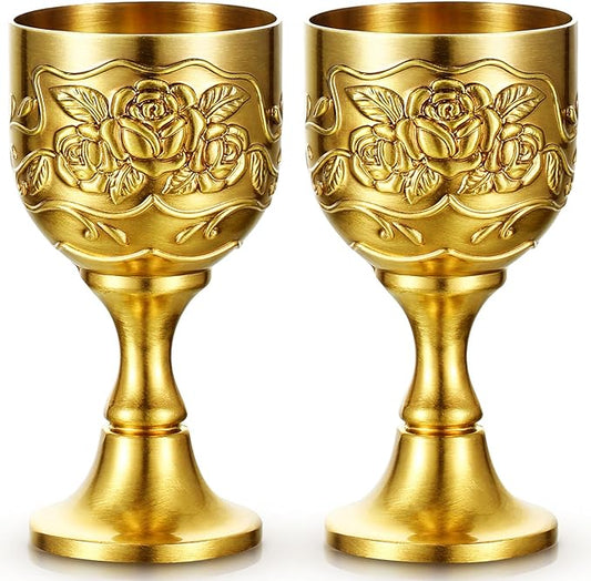 Nosiny 2 Pcs Mini Chalice Goblet Vintage Gold Copper Wine Small Chalice Cup Medieval Wine Glasses Zinc Alloy Flower Embossed Shot Glasses for First Communion Altar Drinking (3 oz)
